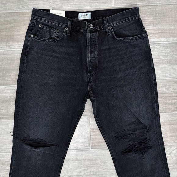 Agolde Lana Mid Rise Vintage Straight in Disorder Washed Black Distressed Jeans - Picture 9 of 12
